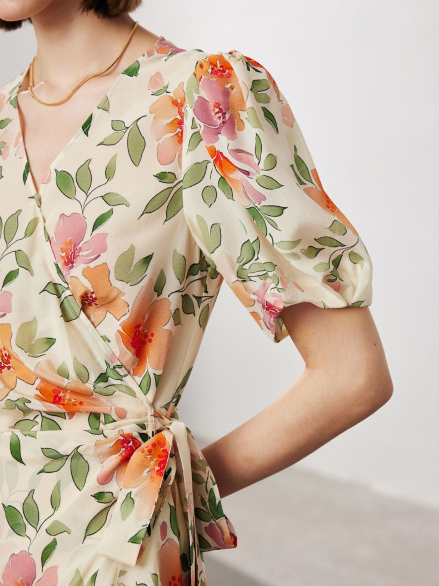 Close up of the sleeves of a floral dress.