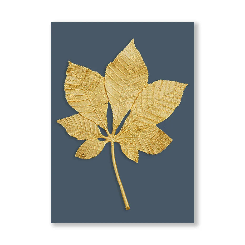 Blue Minimalist Golden Abstract Floral Canvas Art for Luxury Decor