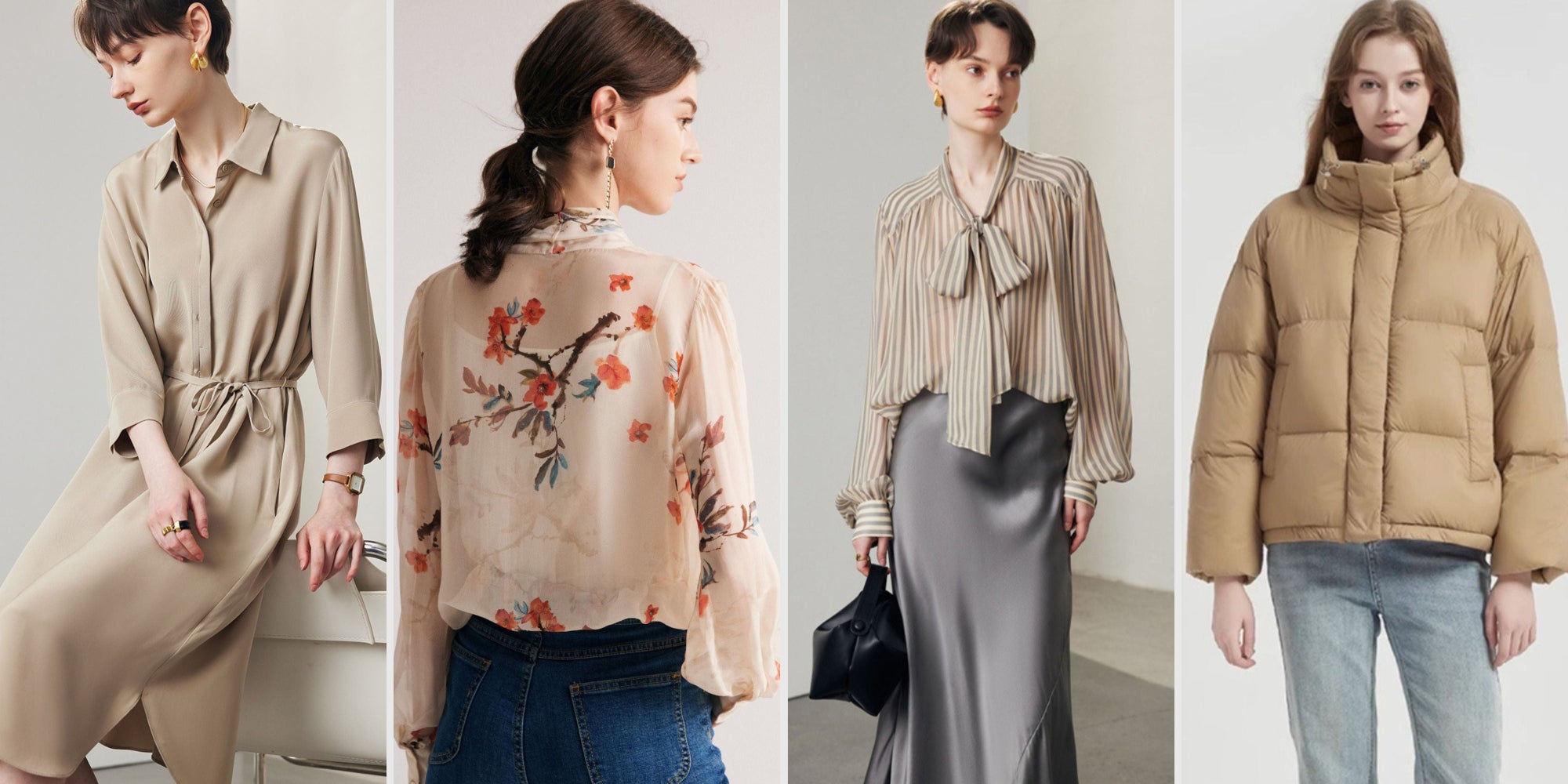 Four women modeling different outfits in a collage format.