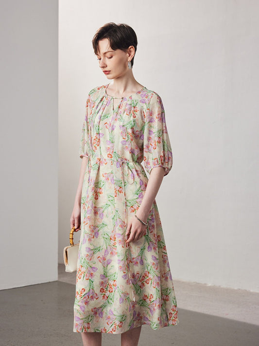 Floral Silk Dress with Raglan Sleeves