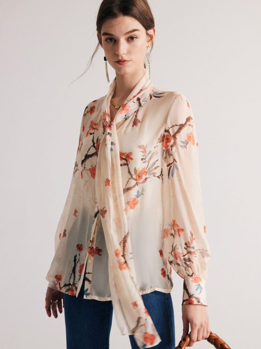 Silk Chiffon Blouse with Floral Print and Tie Neck