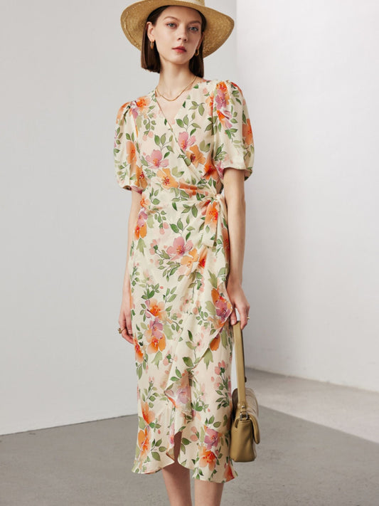 Floral Wrap Silk Dress