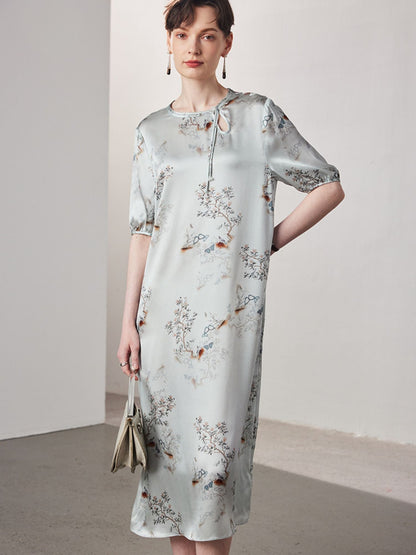Silk-Blend Floral Dress with Keyhole Neckline