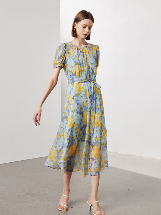 Floral Silk Dress with Tie Waist