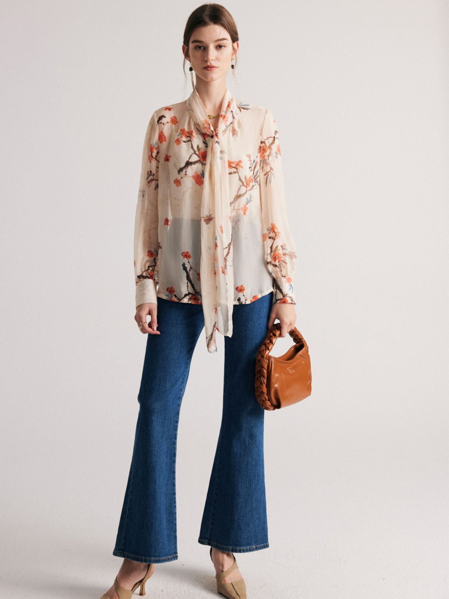 Silk Chiffon Blouse with Floral Print and Tie Neck