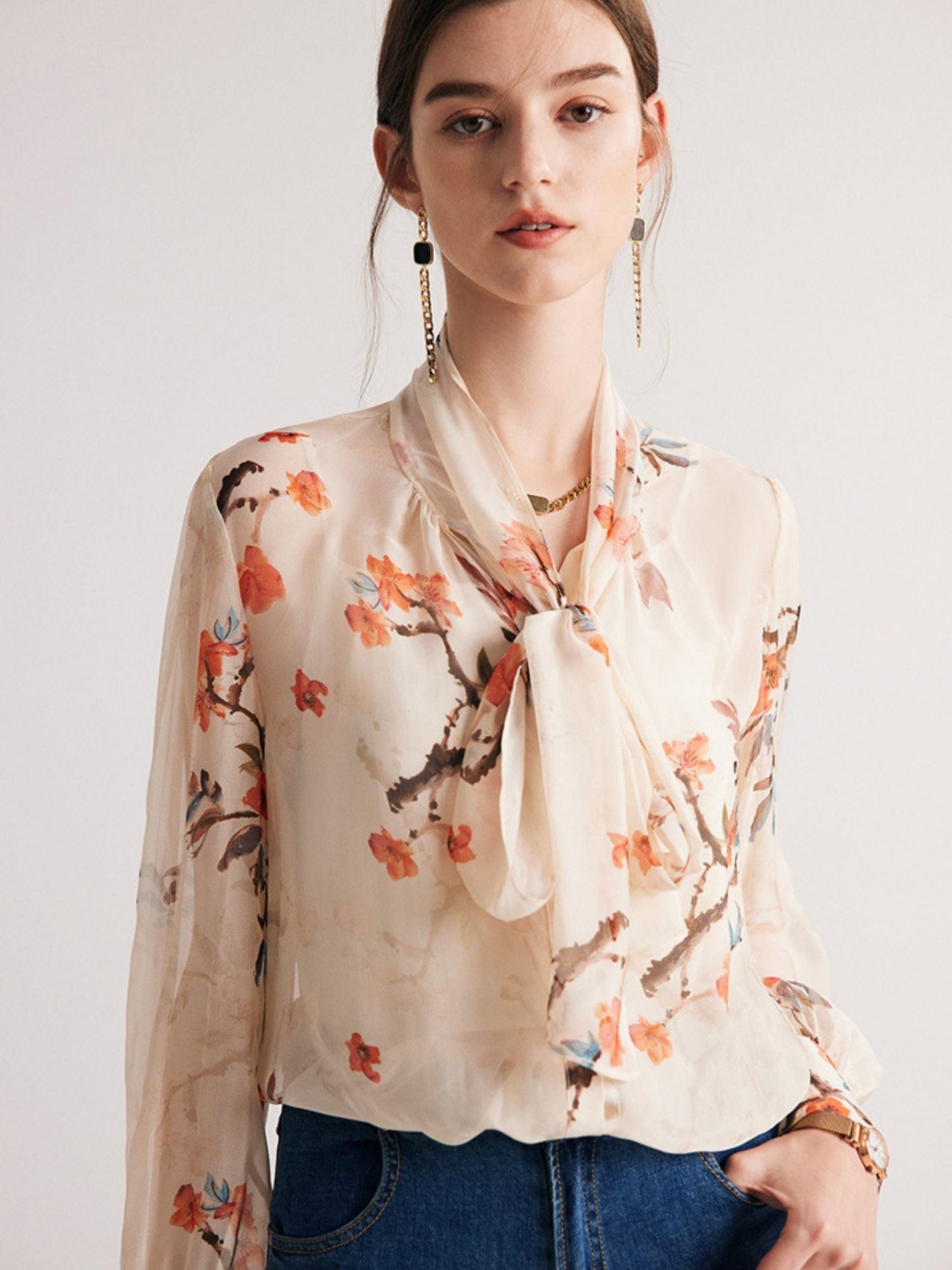 Silk Chiffon Blouse with Floral Print and Tie Neck