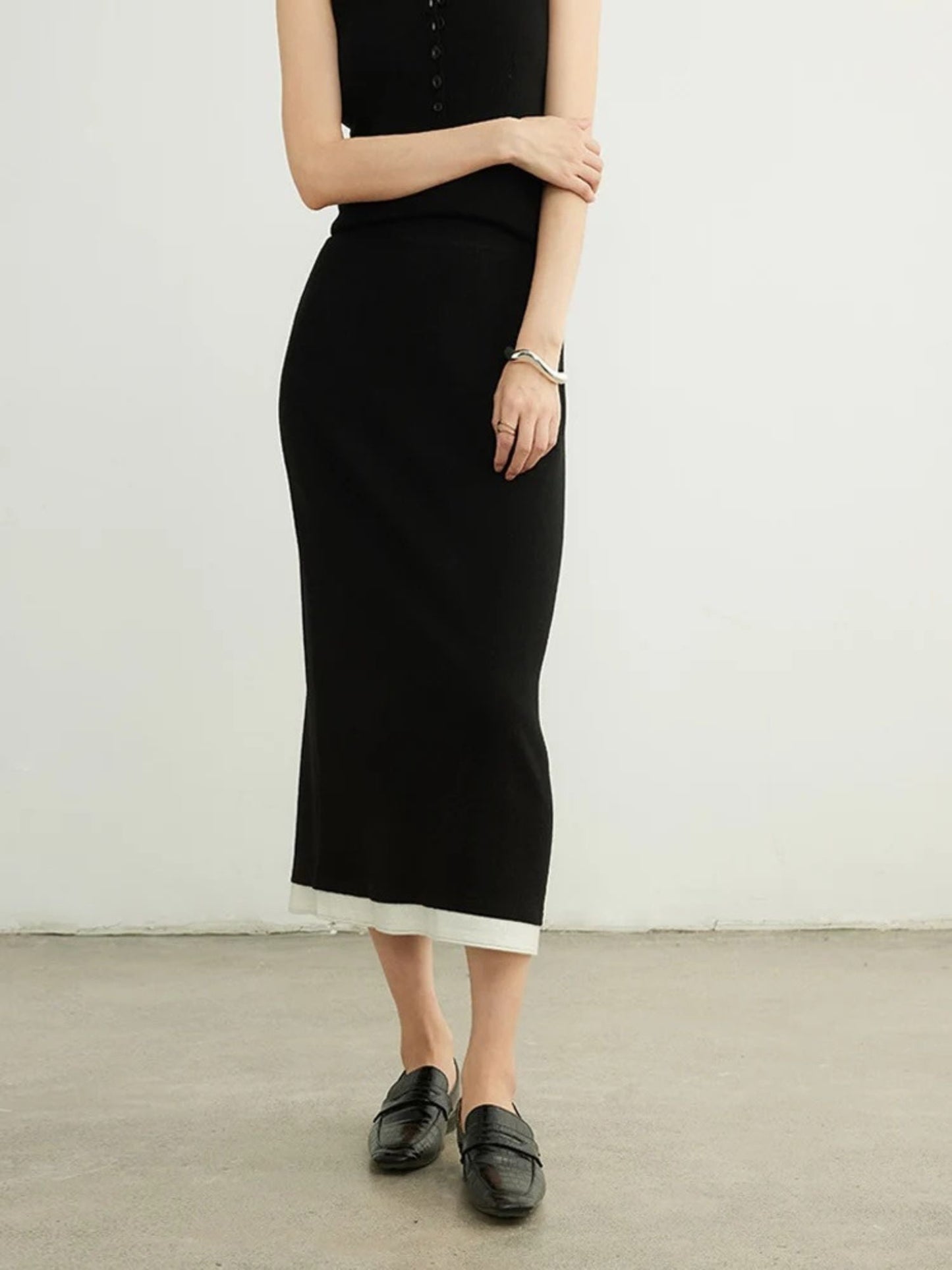 Midi-Length Knitted Skirt with Patchwork Details