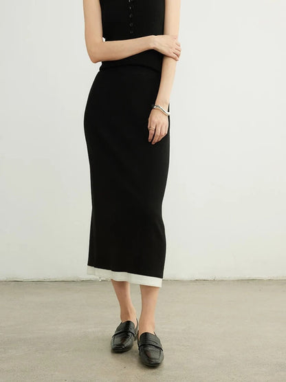 Midi-Length Knitted Skirt with Patchwork Details