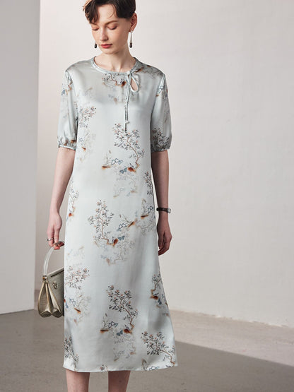 Silk-Blend Floral Dress with Keyhole Neckline