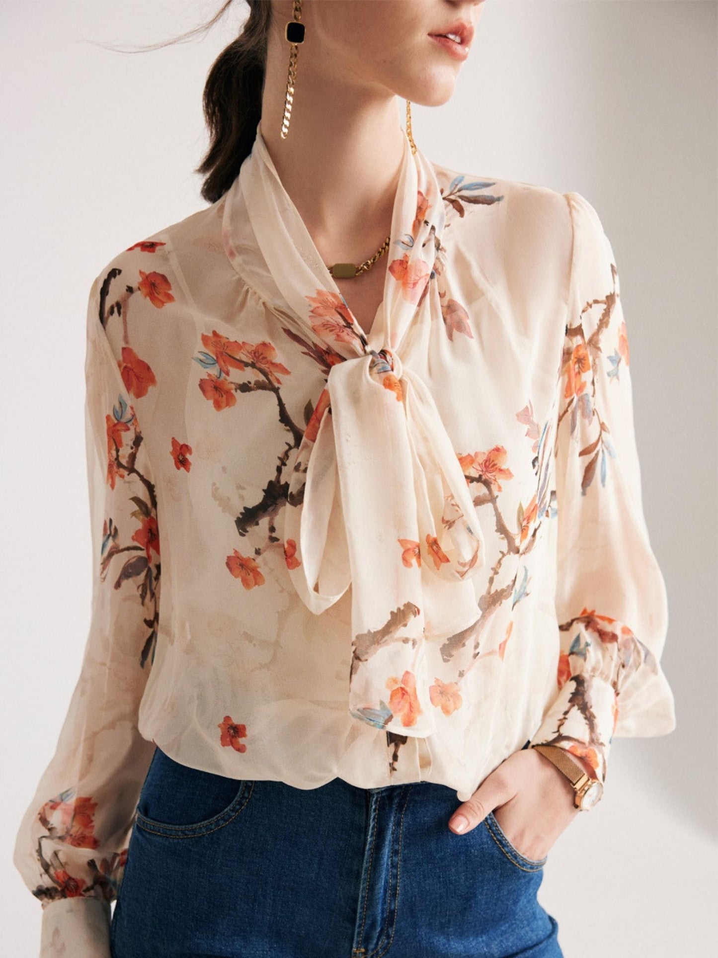Silk Chiffon Blouse with Floral Print and Tie Neck