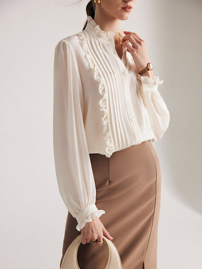 Pleated Blouse with Ruffle Trim