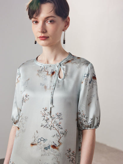 Silk-Blend Floral Dress with Keyhole Neckline
