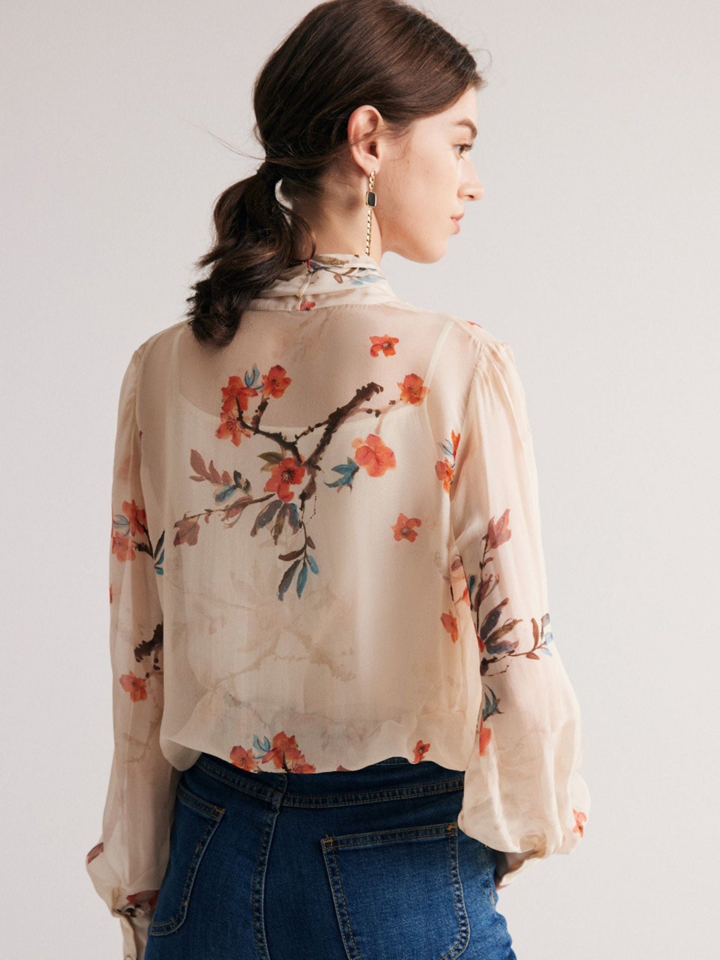 Silk Chiffon Blouse with Floral Print and Tie Neck