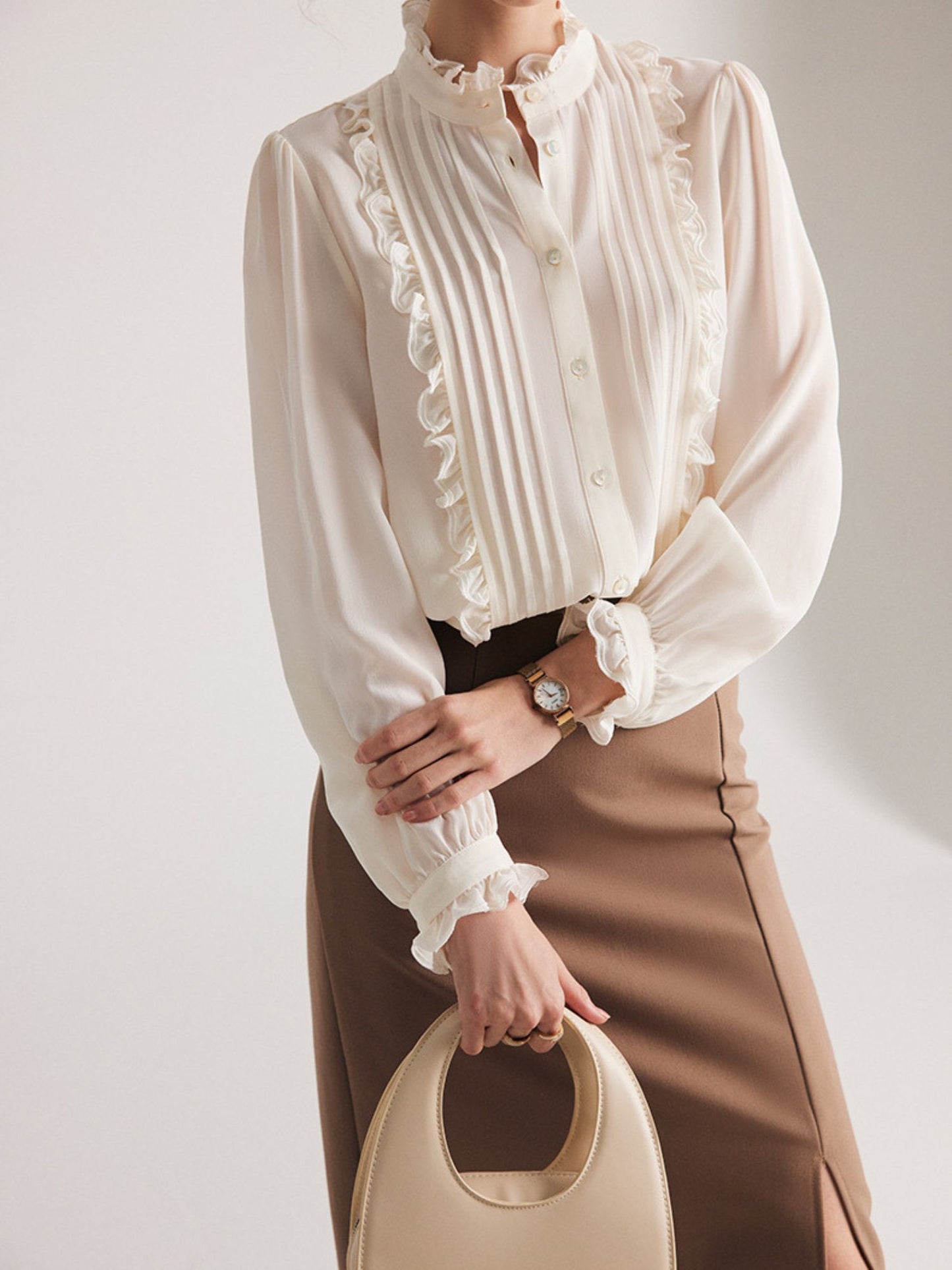 Pleated Blouse with Ruffle Trim