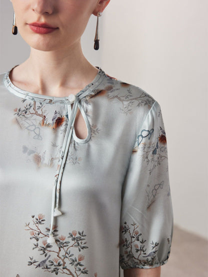 Silk-Blend Floral Dress with Keyhole Neckline
