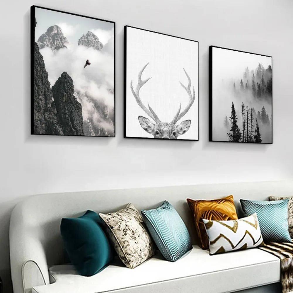 Black & White Wilderness Deer Eagle Landscape Canvas Wall Art Decor