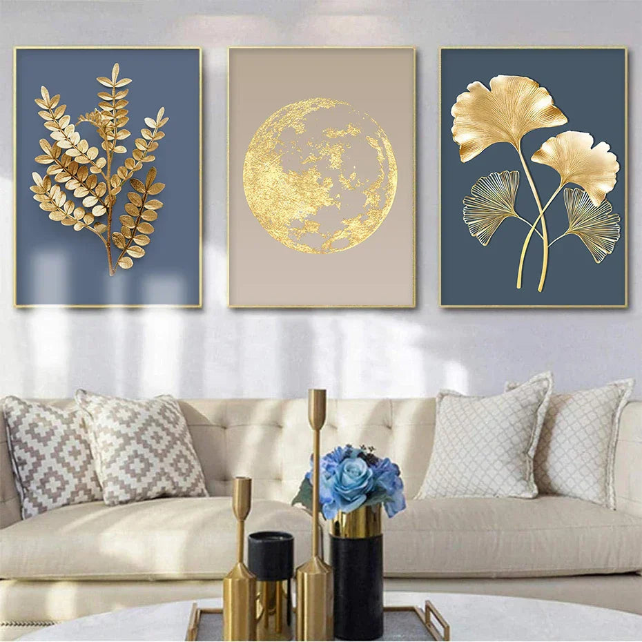 Blue Minimalist Golden Abstract Floral Canvas Art for Luxury Decor