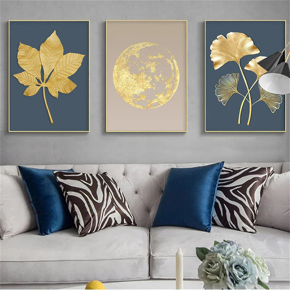 Blue Minimalist Golden Abstract Floral Canvas Art for Luxury Decor