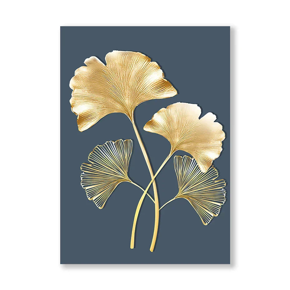 Blue Minimalist Golden Abstract Floral Canvas Art for Luxury Decor