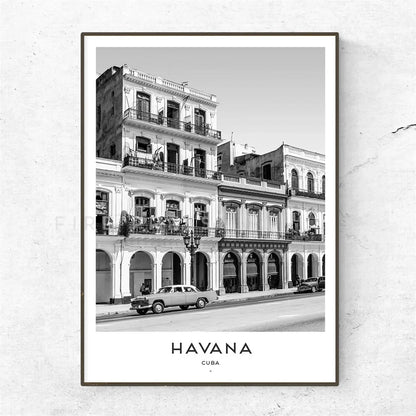 Cuba Havana Black & White Travel Poster Canvas Wall Art Print