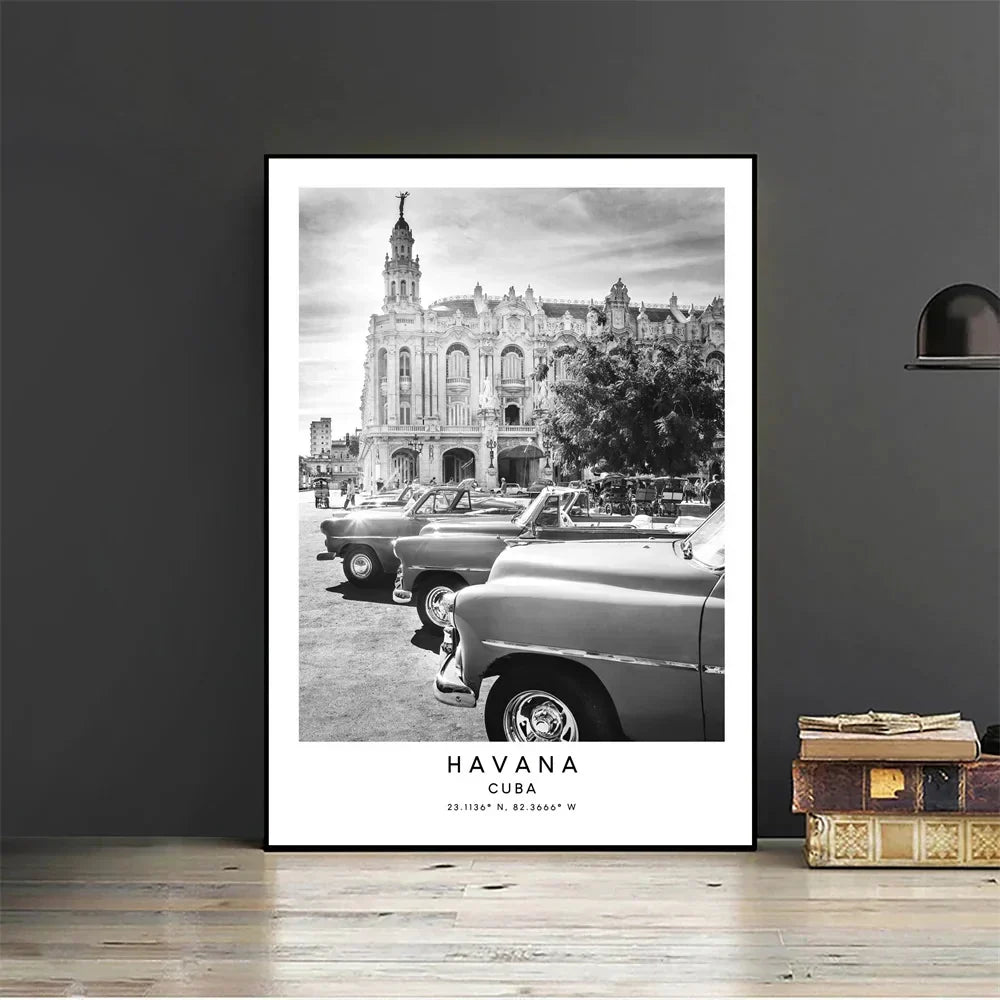 Cuba Havana Black & White Travel Poster Canvas Wall Art Print