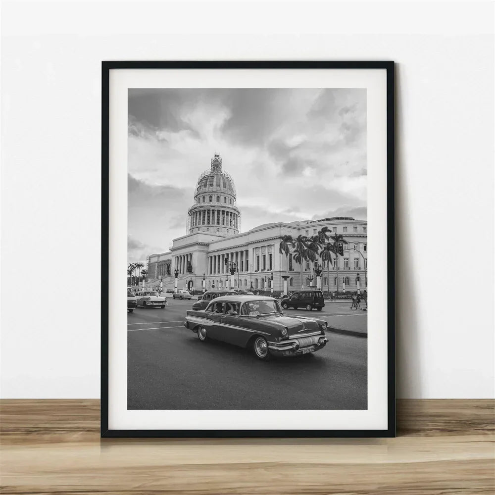 Cuba Havana Black & White Travel Poster Canvas Wall Art Print