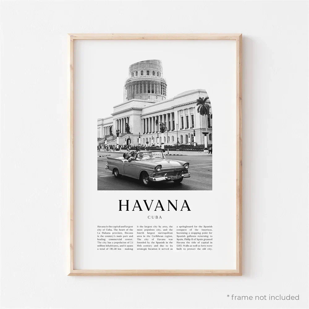 Cuba Havana Black & White Travel Poster Canvas Wall Art Print