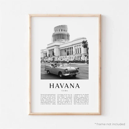 Cuba Havana Black & White Travel Poster Canvas Wall Art Print
