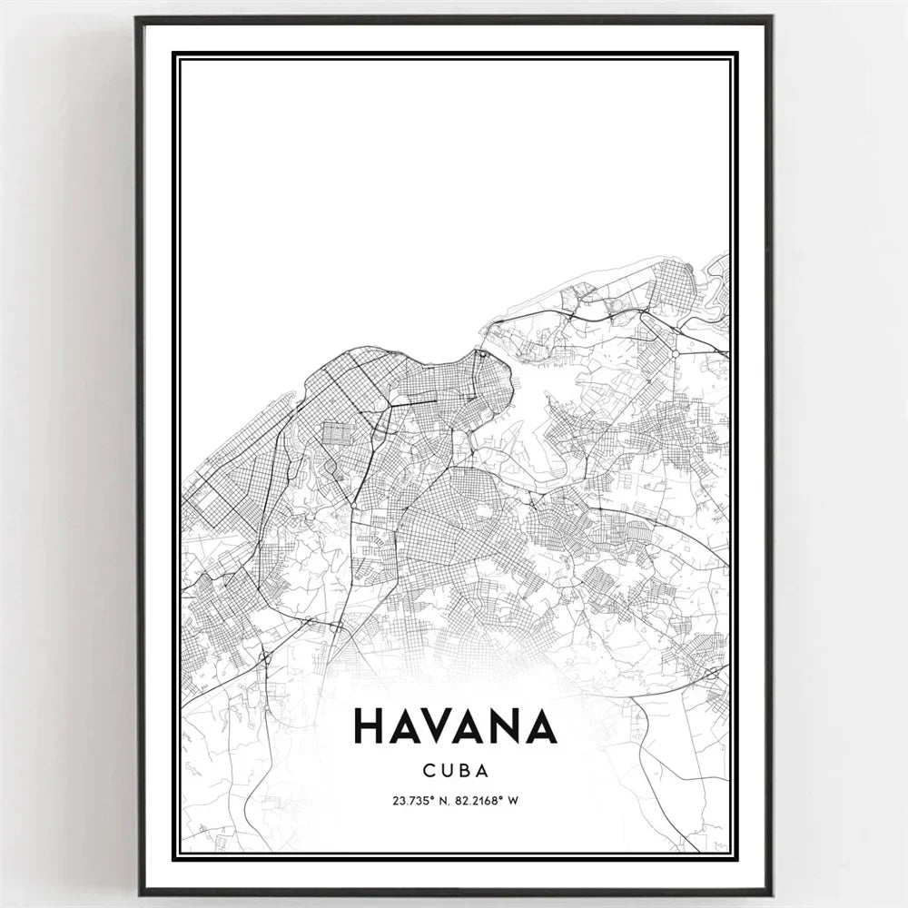 Cuba Havana Black & White Travel Poster Canvas Wall Art Print