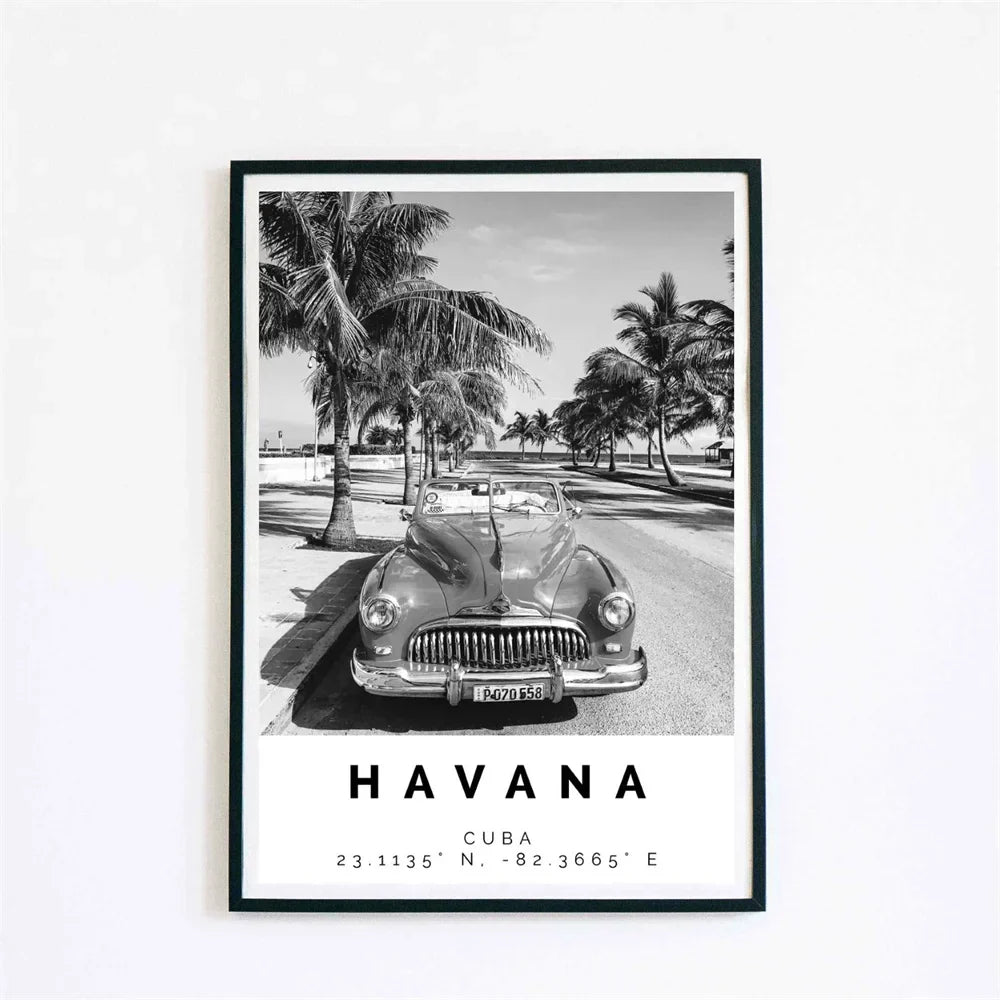 Cuba Havana Black & White Travel Poster Canvas Wall Art Print