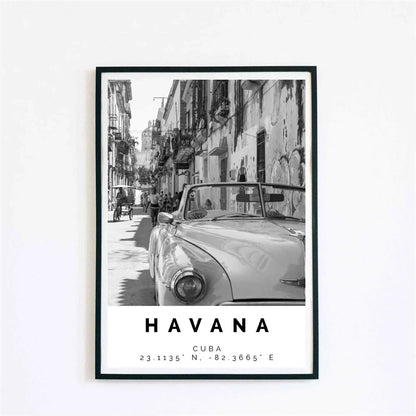 Cuba Havana Black & White Travel Poster Canvas Wall Art Print