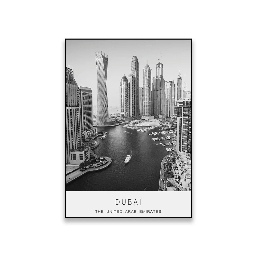 Dubai Skyline Canvas Print - Black & White Travel Wall Art Decor