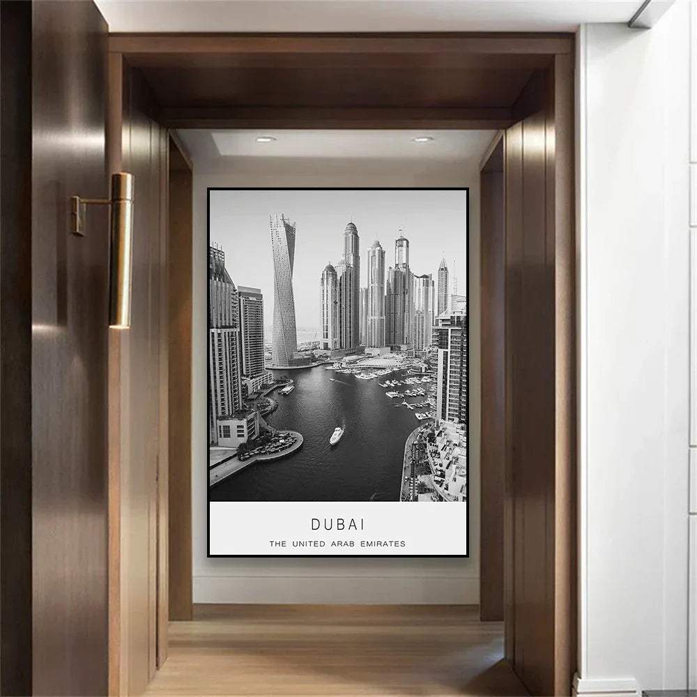 Dubai Skyline Canvas Print - Black & White Travel Wall Art Decor