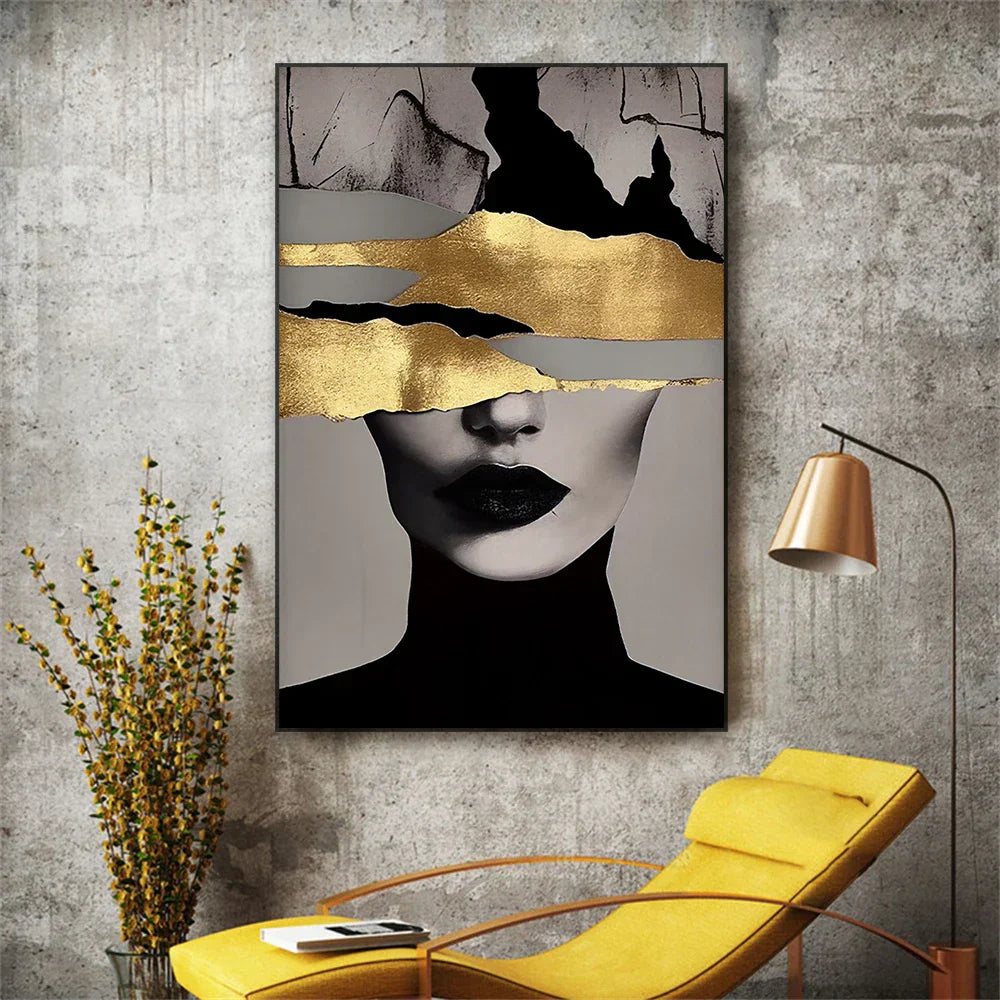 Golden Girl Fashion Canvas Art Print - Modern Abstract Portrait Decor