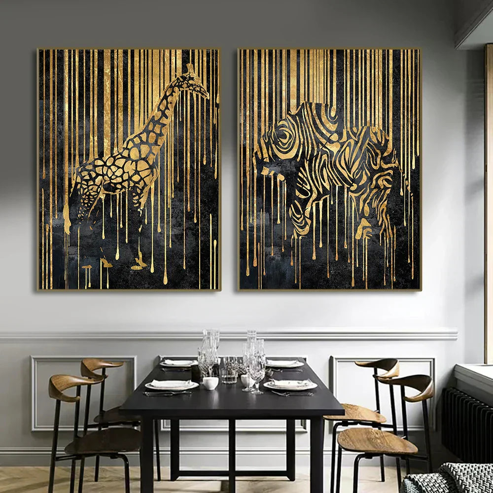 Modern Abstract Golden Zebra Lines Animal Wall Art Canvas Prints