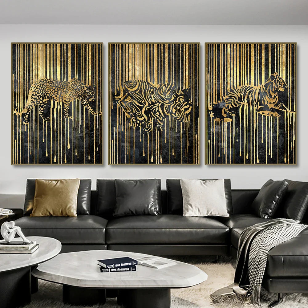 Modern Abstract Golden Zebra Lines Animal Wall Art Canvas Prints