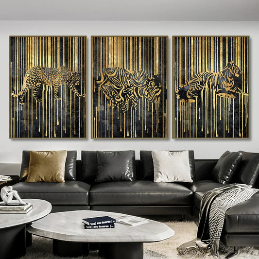 Modern Abstract Golden Zebra Lines Animal Wall Art Canvas Prints