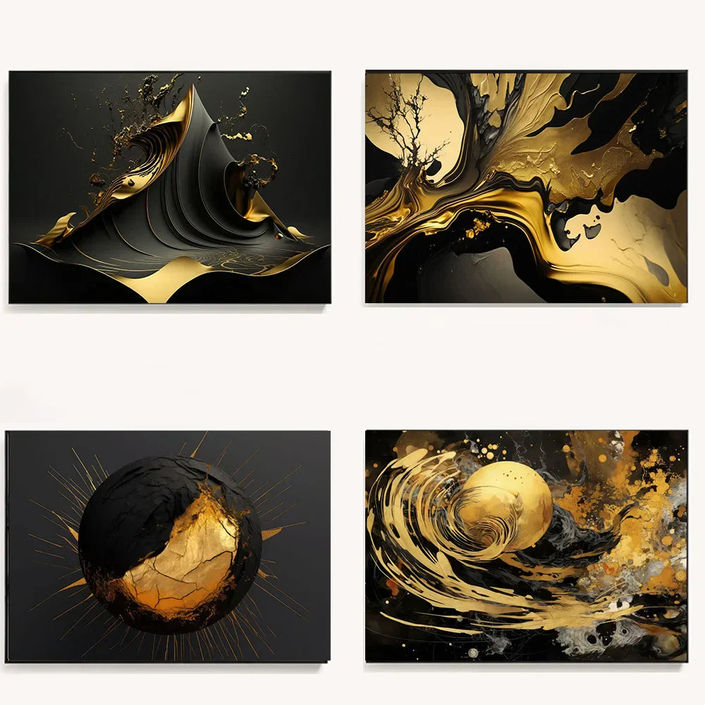 Modern Black & Gold Abstract Canvas Wall Art for Home Decor