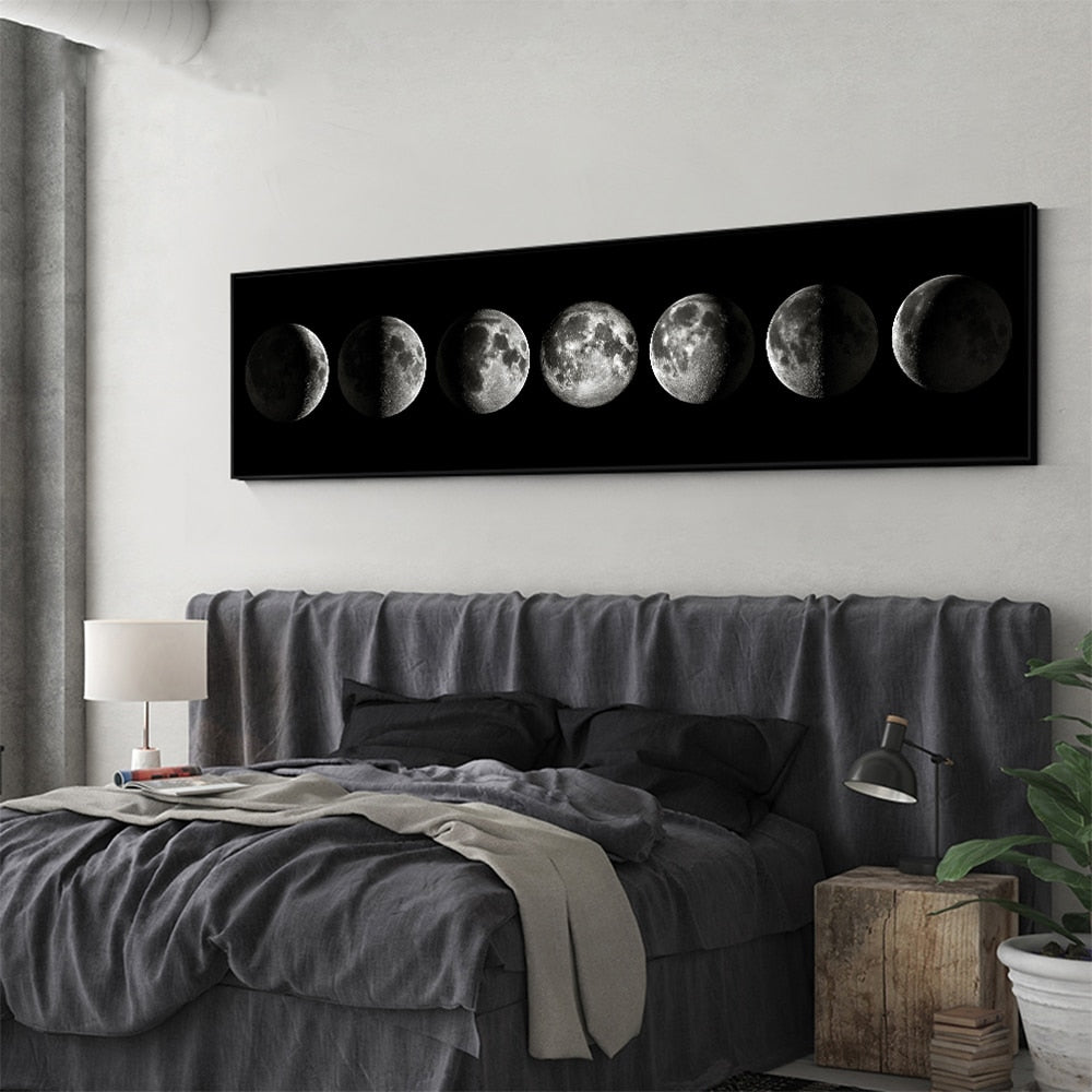 Moon Phases Black & White Canvas Wall Art for Bedroom & Living Room