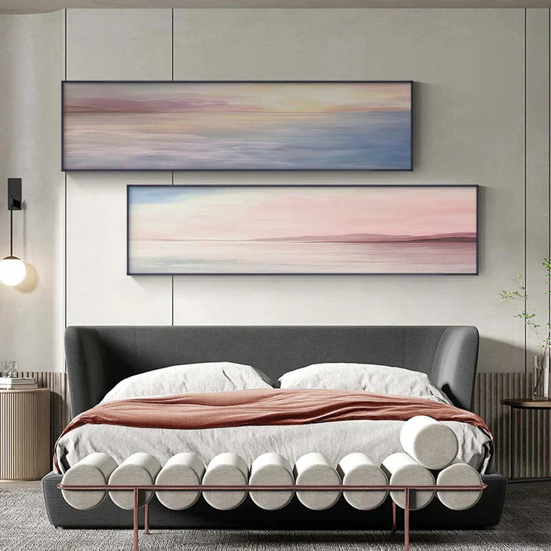 Pastel Blue Pink Purple Abstract Landscape Canvas Wall Art for Bedroom