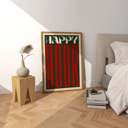 Retro Happy Hour Typographic Canvas Art for Kitchen & Living Room