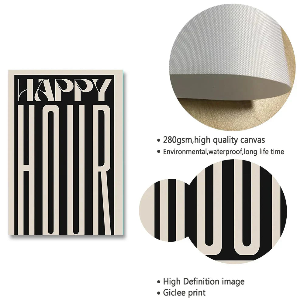 Retro Happy Hour Typographic Canvas Art for Kitchen & Living Room
