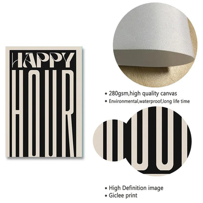 Retro Happy Hour Typographic Canvas Art for Kitchen & Living Room