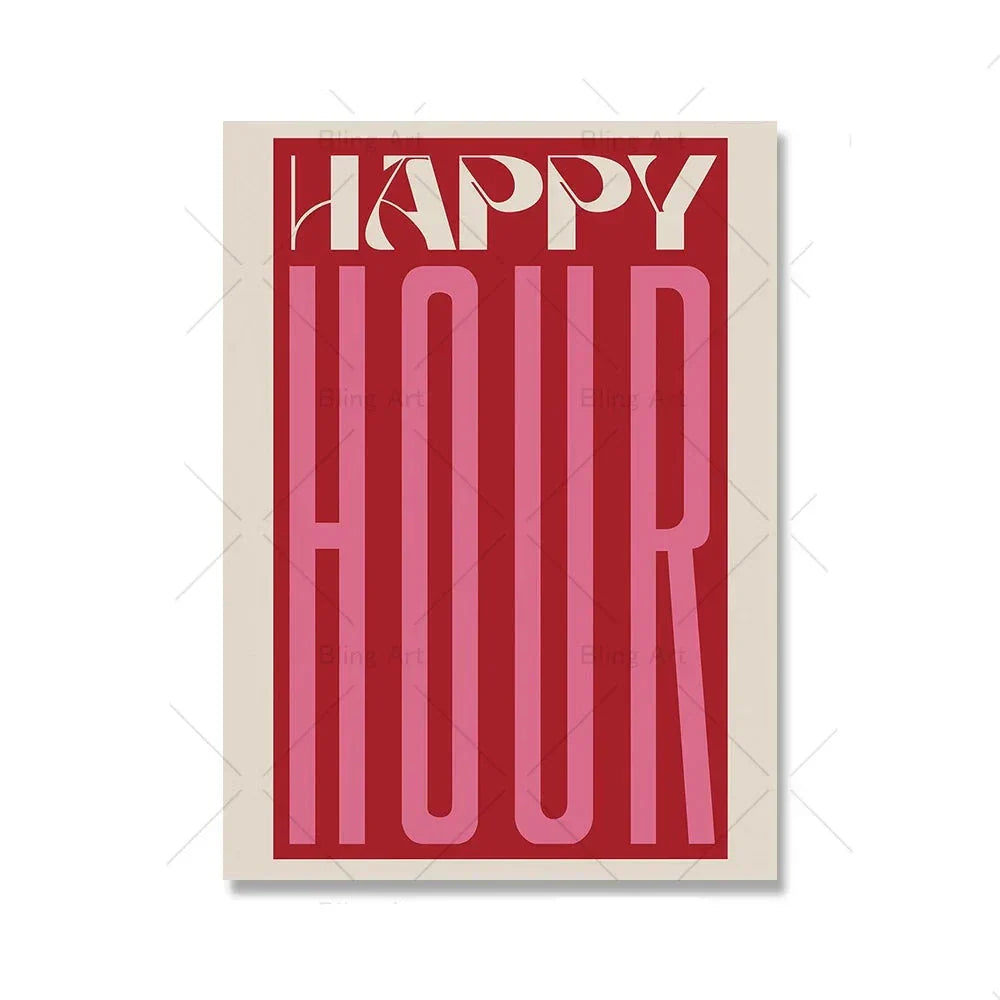 Retro Happy Hour Typographic Canvas Art for Kitchen & Living Room