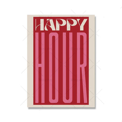 Retro Happy Hour Typographic Canvas Art for Kitchen & Living Room