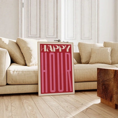 Retro Happy Hour Typographic Canvas Art for Kitchen & Living Room