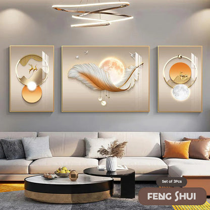 Set of 3 Modern Feather Abstract Canvas Prints for Living Room Decor