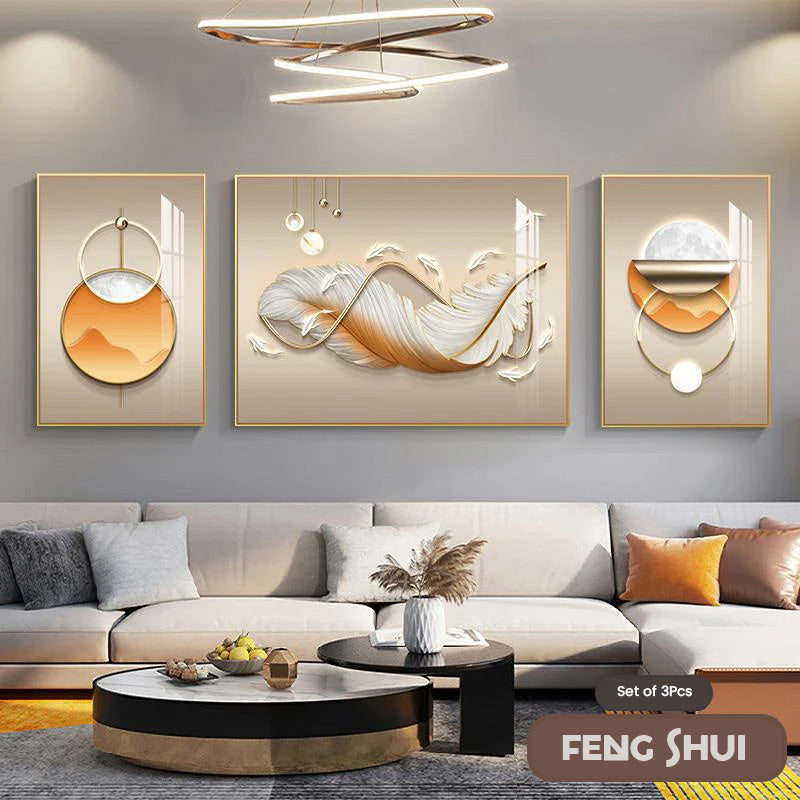 Set of 3 Modern Feather Abstract Canvas Prints for Living Room Decor