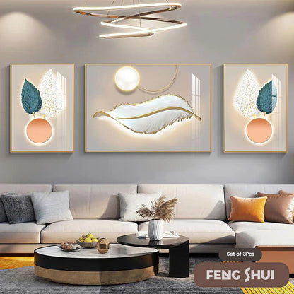 Set of 3 Modern Feather Abstract Canvas Prints for Living Room Decor