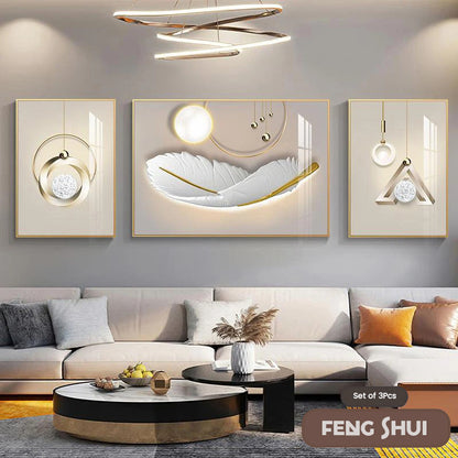 Set of 3 Modern Feather Abstract Canvas Prints for Living Room Decor
